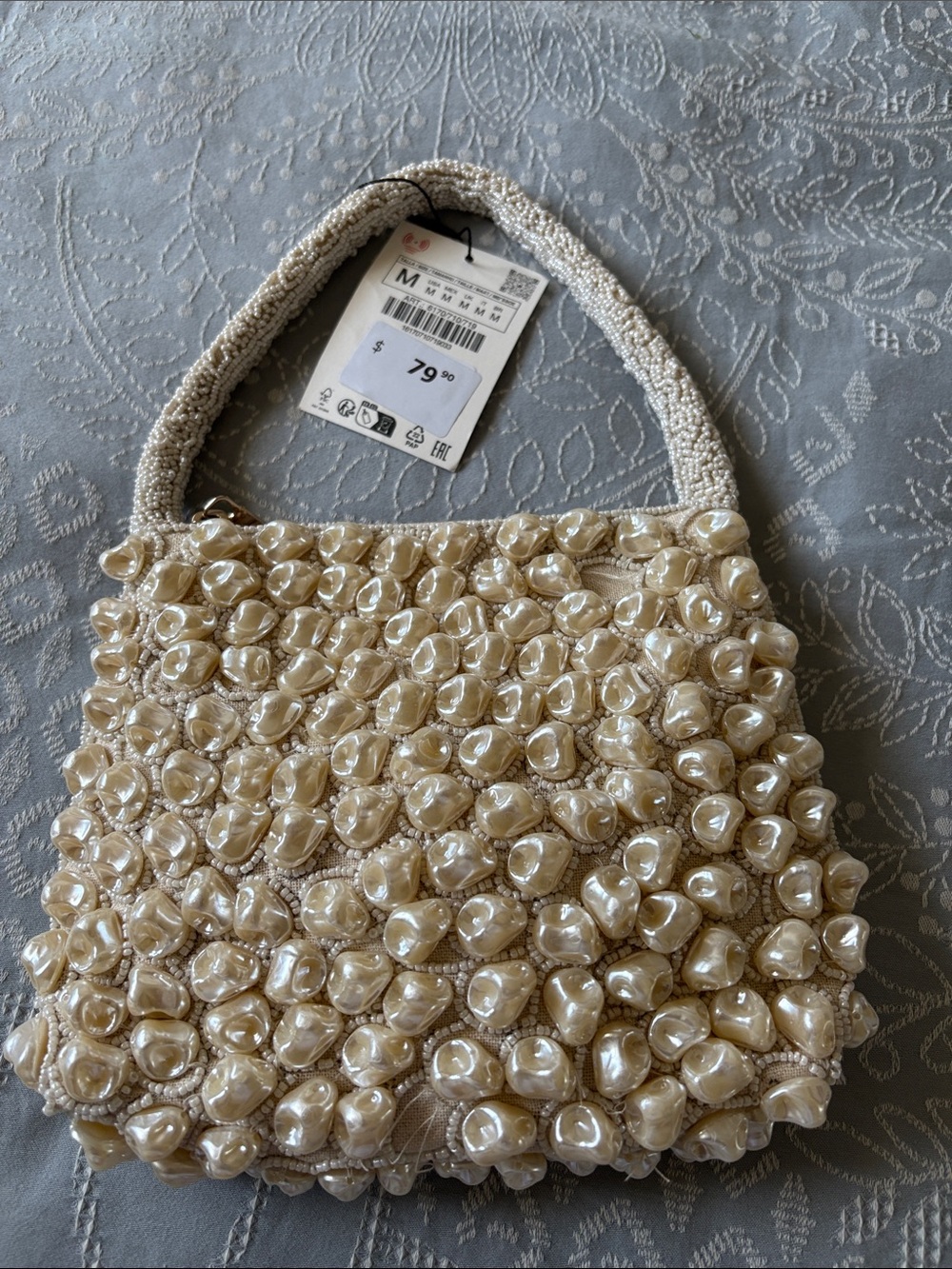 Zara Pearl-Embellished Cream Mini Top-Handle Bag